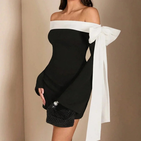 Black And White Elegant Women's Party Cocktail Shoulder Long Sleeve Dress - Picture 6 of 6